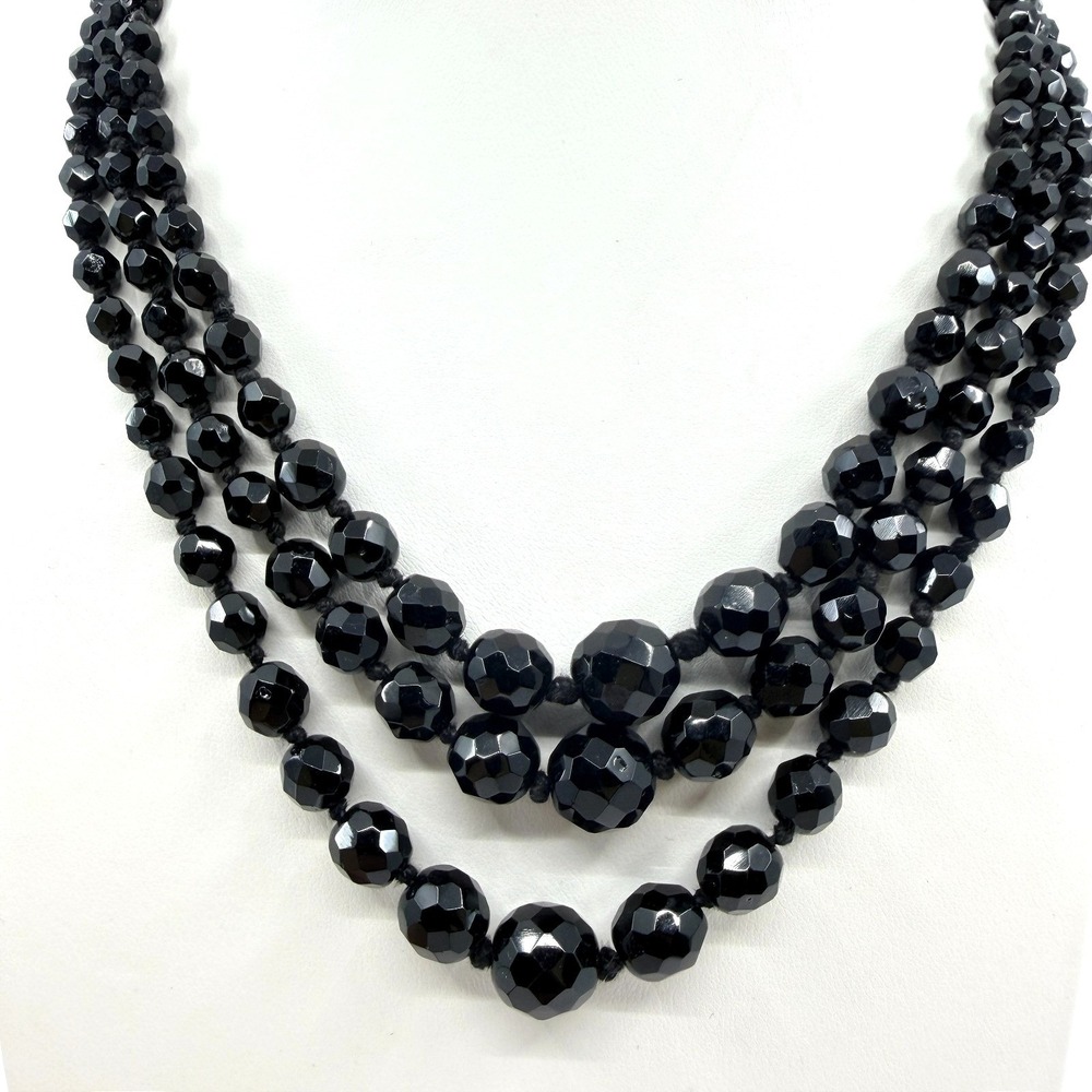 Vintage Black Jet Glass Bead Necklace Multi Strand Faceted Graduated Statement‎